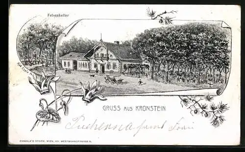 Lithographie Sieghartskirchen, Kronstein, Gasthaus mit Gartenwirtschaft, Felsenkeller