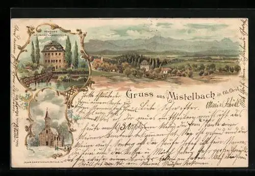 Lithographie Mistelbach in Ob. Oest., Schloss & Haushaltungsschule, Margarethenkirchlein, Ortsansicht