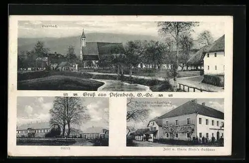 AK Feldkirchen an der Donau, Pesenbach, Gasthaus Mayr, Gemischtwarenhandlung Joh. Hammerschmid, Schloss