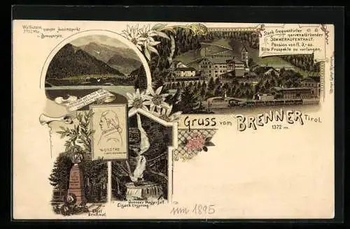 Lithographie Brenner, Totalansicht mit Wasserfall und Brennersee