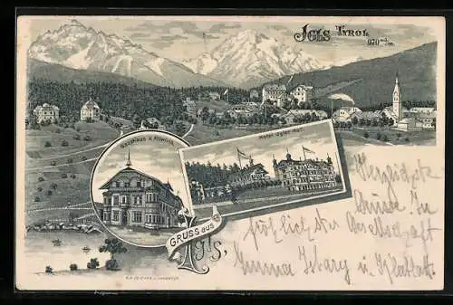 Lithographie Igls, Gasthaus z. Altwirth, Hotel Igler Hof