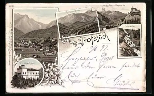 Lithographie Trofaiach, Krumpen-Garten, Schloss Mell und St. Peter-Freyenstein