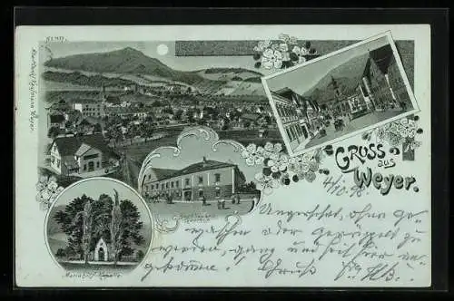 Mondschein-Lithographie Weyer, Mariahilf-Kapelle, Bachhauer`s Gasthof und Gesamtansicht