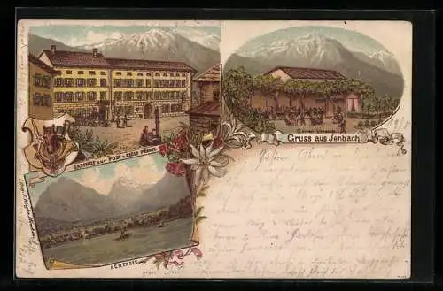 Lithographie Jenbach, Gasthof zur Post und Achensee