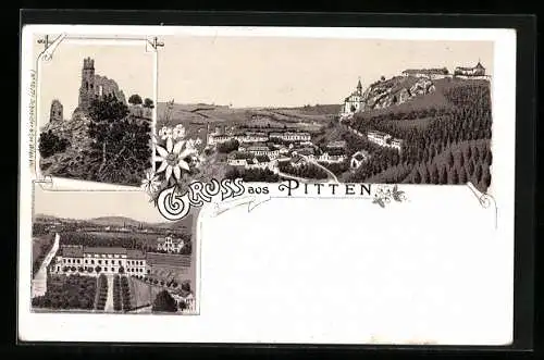 Lithographie Pitten, Burgruine und Panorama