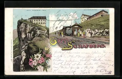 Lithographie Schafberg, Hotel Schafberg, Bergbahn an der Station