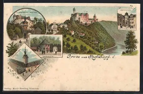 Lithographie Rochsburg b. Burgstädt, Schloss, Pulverturm, Thorhaus