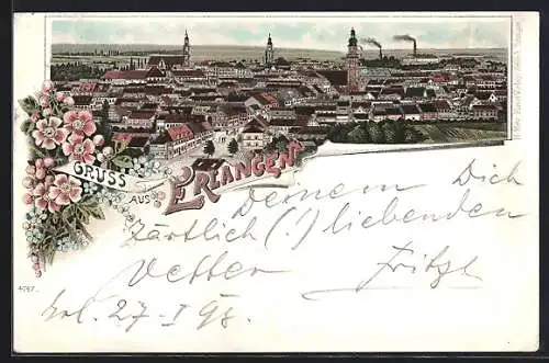 Lithographie Erlangen, Panoramablick über die Stadt