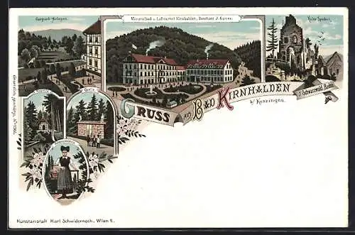 Lithographie Bad Kirnhalden b. Kenzingen, Mineralbad von J. Ganss, Kurpark-Anlagen, Kapelle