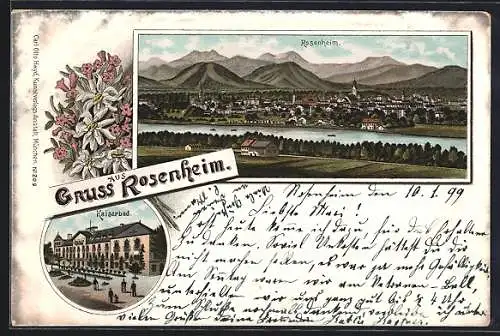 Lithographie Rosenheim, Hotel Kaiserbad, Totalansicht aus der Vogelschau