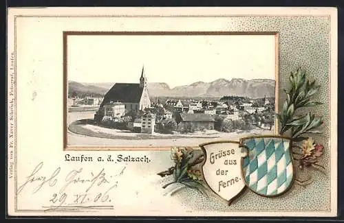 Passepartout-Lithographie Laufen a. d. Salzach, Ortsansicht mit der Kirche