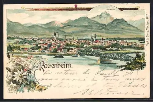 Lithographie Rosenheim, Gruss aus der Stadt mit dem Wendelstein