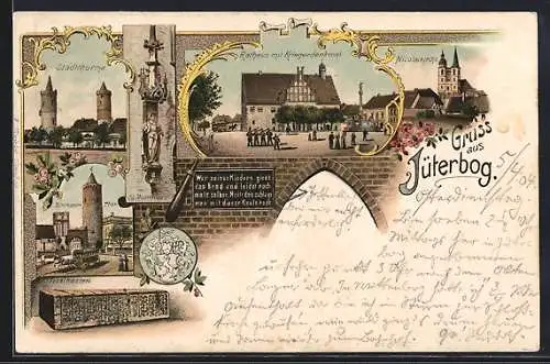 Lithographie Jüterbog, Rathaus mit Kriegerdenkmal, Nicolaikirche