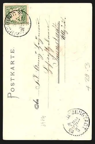 Passepartout-Lithographie Augsburg, Rotes Thor und Wassertürme, Mohnblume