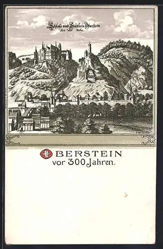 Lithographie Oberstein, Ortsansicht mit Schloss vor 300 Jahren