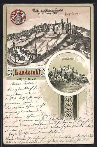 Lithographie Landstuhl, Burg Sickingen, Burg Nannstein, Wappen