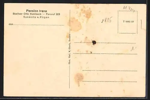 AK Sassnitz /Rügen, Hotel Pension Irena von Otto Hahlbeck