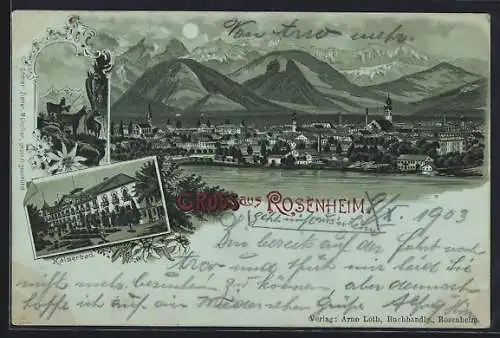 Mondschein-Lithographie Rosenheim, Kaiserbad, Totalansicht mit Bergpanorama