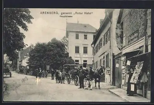 AK Arenberg, genannt Roter Hahn, Hauptstrasse mit Kutschen und AK-Verkaufsstand-Ladengeschäft