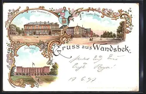 Lithographie Hamburg-Wandsbek, Hotel Wandsbeker Hof, Lübeker-Strasse, Neue Kaserne, Wappen