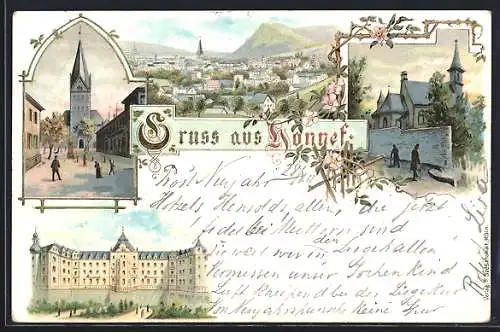 Lithographie Honnef, Kirchenpartien, Hohenhonnef, Ortsansicht