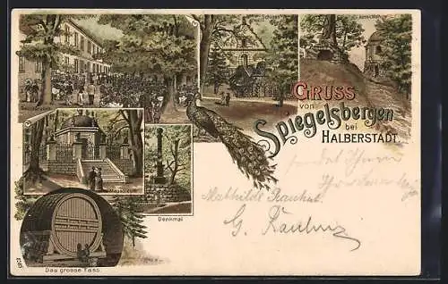 Lithographie Halberstadt, Restaurant Spiegelsberge, Denkmal, Mausoleum