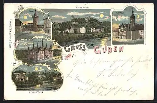 Lithographie Guben, Dicker Turm, Kreishaus, Schützenhaus, Rathhaus, Grüne Wiese