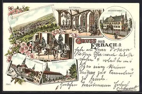 Lithographie Erbach / Odenwald, Schloss mit Marktplatz, Jagdschloss Eulbach, Rittersaal