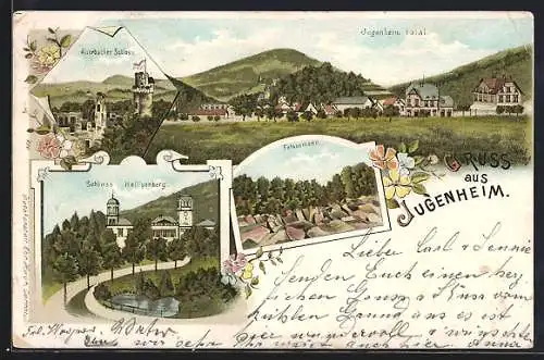 Lithographie Jugenheim / Bergstrasse, Felsenmeer, Auerbacher Schloss mit Aussichtsturm, Totalansicht