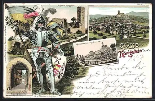 Lithographie Königstein /Ts., Gesamtansicht, Ritter mit Fahne und Wappen