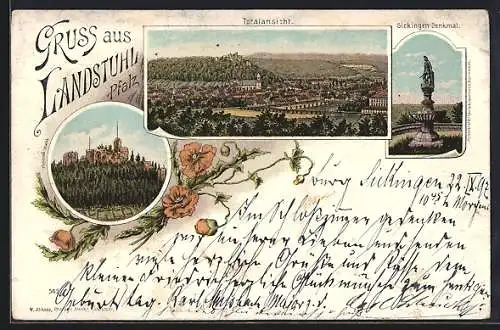 Lithographie Landstuhl /Pfalz, Totalansicht, Ruine, Sickingen-Denkmal