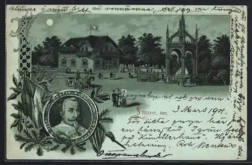 Mondschein-Lithographie Lützen, Gasthaus mit Gustav Adolf-Denkmal, Portrait, Fahne