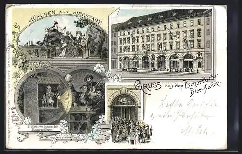 Lithographie München-Au, Pschorrbräu-Bier-Hallen, Neuhauser Strasse, Innenansicht, Eingang