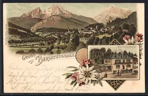 Lithographie Berchtesgaden, Hotel-Pension Bahnhof, Ortsansicht