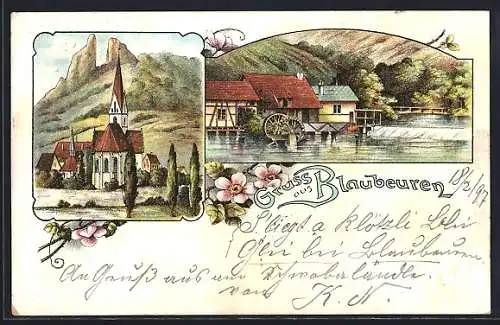 Lithographie Blaubeuren, Wassermühle mit Wehr, Kirche mit Ruine