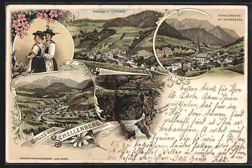 Lithographie Schellenberg / Obb., Ortsansicht gegen Hohe Göll, Almbach Klamm