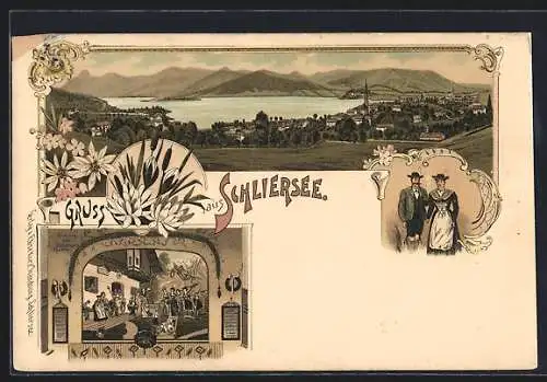 Lithographie Schliersee, Bauerntheater-Vorhang, Trachtenpaar, Ortsansicht mit See