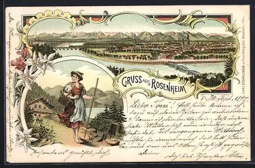 Lithographie Rosenheim / Bayern, Panorama des Ortes, Dirndlmädchen mit Kräuterkorb