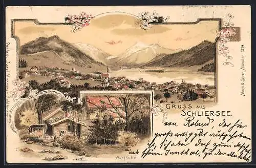 Lithographie Schliersee, Wurzhütte mit Umgebung, Gesamtansicht mit Bergpanorama