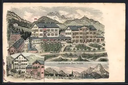 Lithographie Berchtesgaden, Hotel Post zum Leuthaus mit Anlagen, Ortspartie, Aussicht von der Hotelterrasse