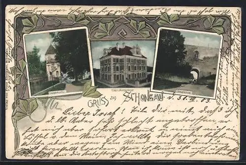 Lithographie Schongau, Frauenthor, Kgl. Amtsgericht, Lindenplatz mit Turm, Blätter-Banderole