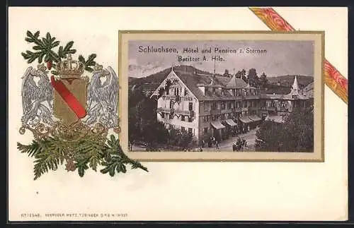 Passepartout-Lithographie Schluchsee, Hotel-Pension z. Sternen A. Hils, Präge-Wappen und -Banderole