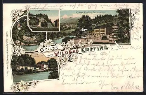 Lithographie Wildbad Empfing, Hotel Wildbad Empfing Gesamtansicht, Seitenansicht, Windschnur-Partie