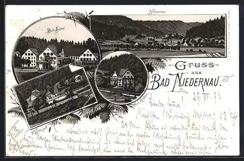 Lithographie Bad Niedernau, Bad Hotel, Waldhaus, Neues Kurhaus, Gesamtansicht