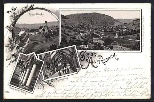 Lithographie Alpirsbach, Inneres der Kirche, Kreuzgönge, Kloster-Kirche, Ortsansicht