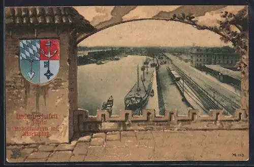 Lithographie Ludwigshafen /Rh., Hafenanlagen mit Marktplatz, Wappen, Burgfenster-Ansicht