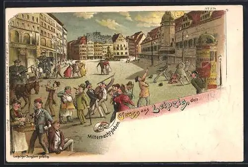 Lithographie Leipzig, Mitternachtsleben - Karikatur mit Stadttypen