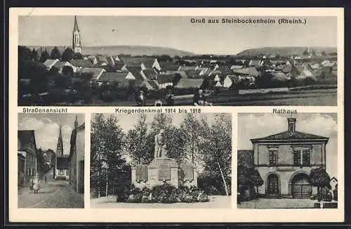 AK Steinbockenheim /Rheinh., Rathaus, Kriegerdenkmal, Strassenpartie