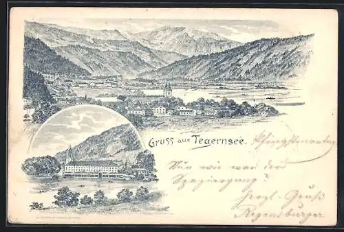 Lithographie Tegernsee, Gesamtansicht gegen die Berge