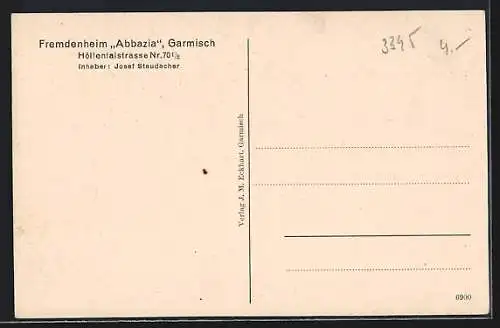 AK Garmisch, Die Pension Abbazia v. Josef Staudacher, Höllentalstrasse 70, Bergblick
